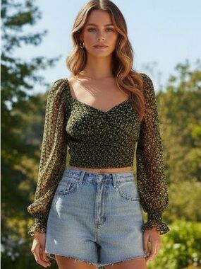 Abound Ditsy Floral Square Neck Smocked Crop Top Sheer Balloon Sleeve XL Garden